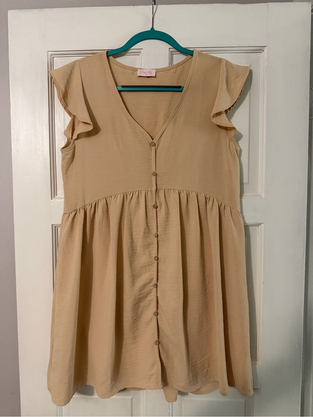 Pink Lily Beige Button-Front Flutter Sleeve Mini Dress